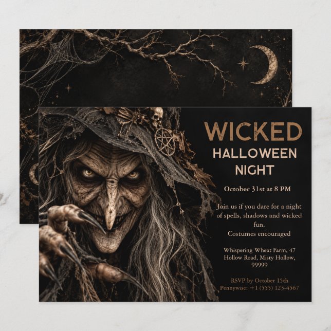 Convite de Festa de Halloween da Bruxa Má (Frente/Verso)