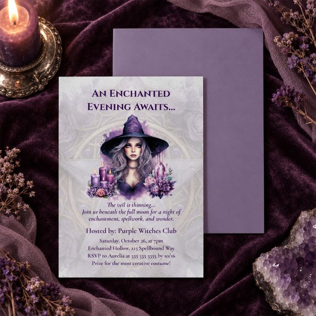 Convite de festa de Halloween da Bruxa Roxa Encant (Enchanted Purple Witch Halloween Party Invitation)