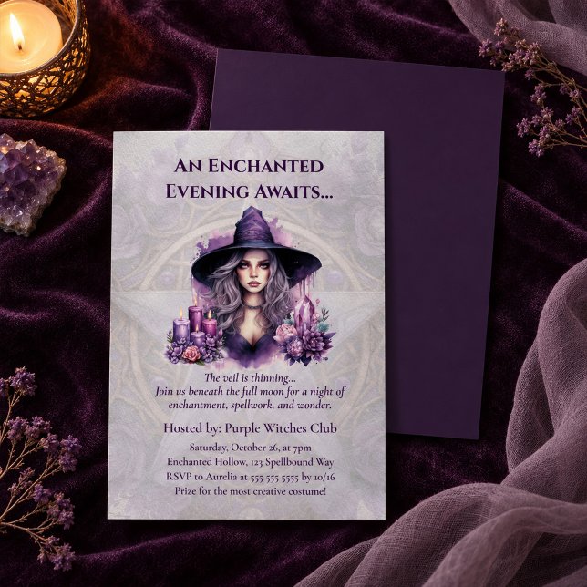 Convite de festa de Halloween da Bruxa Roxa Encant (Enchanted Purple Witch Halloween Party Invitation)