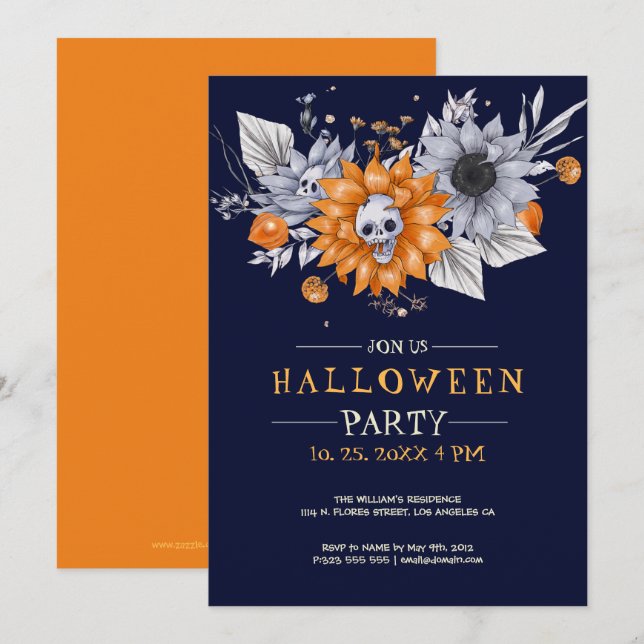 Convite de festa de Halloween de flores e caveiras (Frente/Verso)