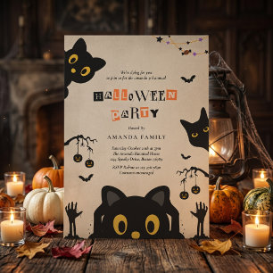 Convite de Festa de Halloween de Gato Preto Fofo