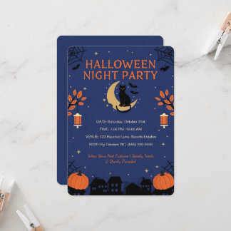 Convite de Festa de Halloween de Gato Preto Fofo