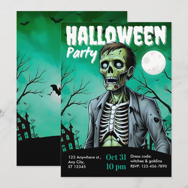 Convite de Festa de Halloween de Zumbi Esqueleto p (Frente/Verso)
