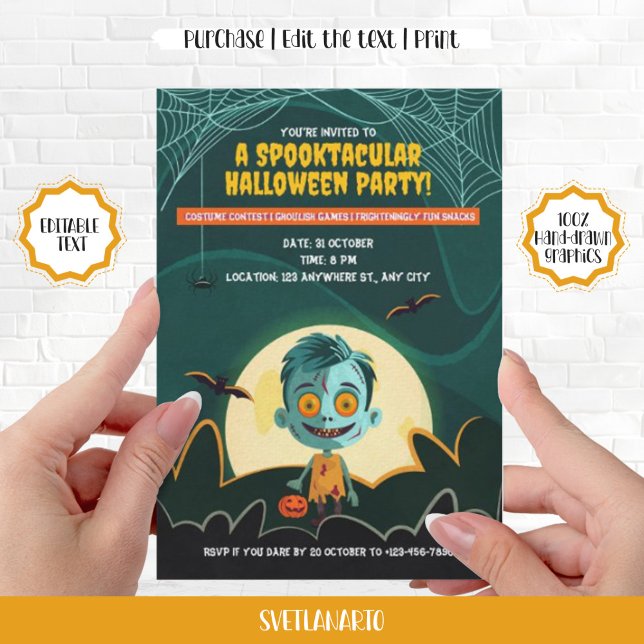 Convite de Festa de Halloween do Menino Zumbi Boni (Cute Zombie Boy Halloween Party Invitation)