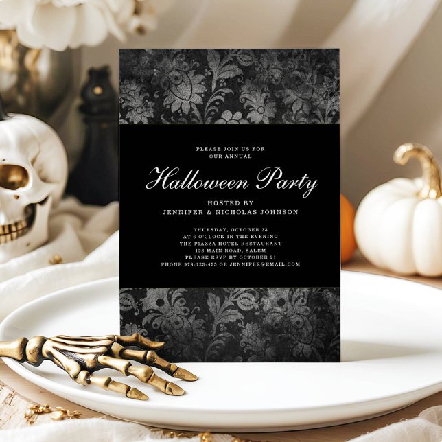 Convite de festa de Halloween em Damasco Preto Gót (Gothic Black Damask Halloween Party Invitation)