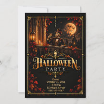 Convite de festa de Halloween em preto dourado ele