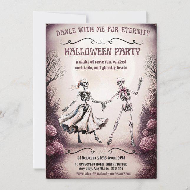 Convite de Festa de Halloween - Esqueletos Dançant (Frente)