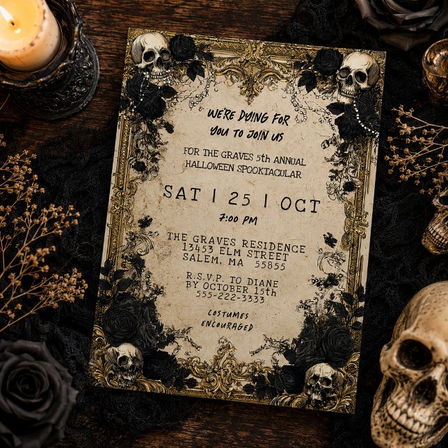Convite de Festa de Halloween Floral Gótico Caveir (Vintage Frame Skulls Gothic Floral Halloween Party Invitation)