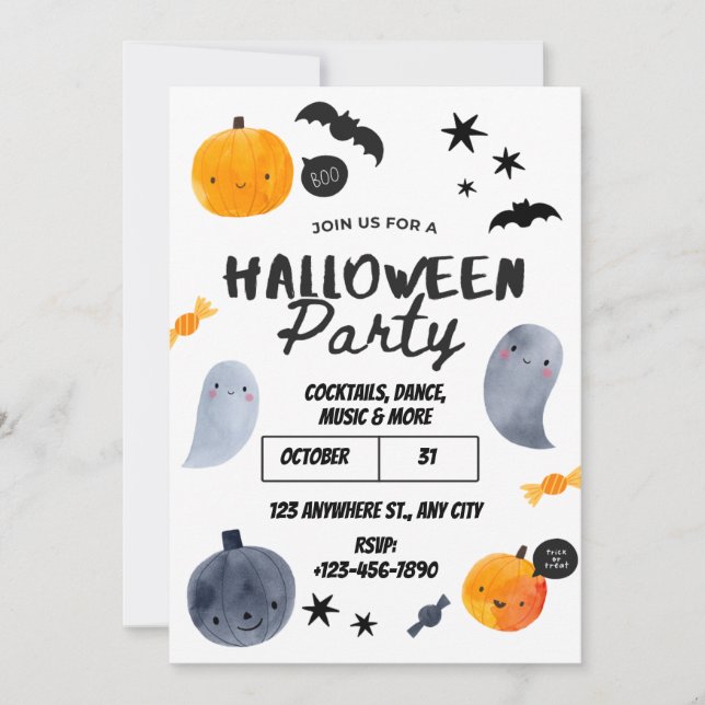Convite de Festa de Halloween Fofo Branco e Laranj (Frente)