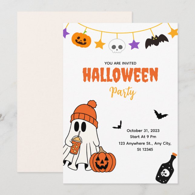 Convite de festa de Halloween fofo com fantasma (Frente/Verso)