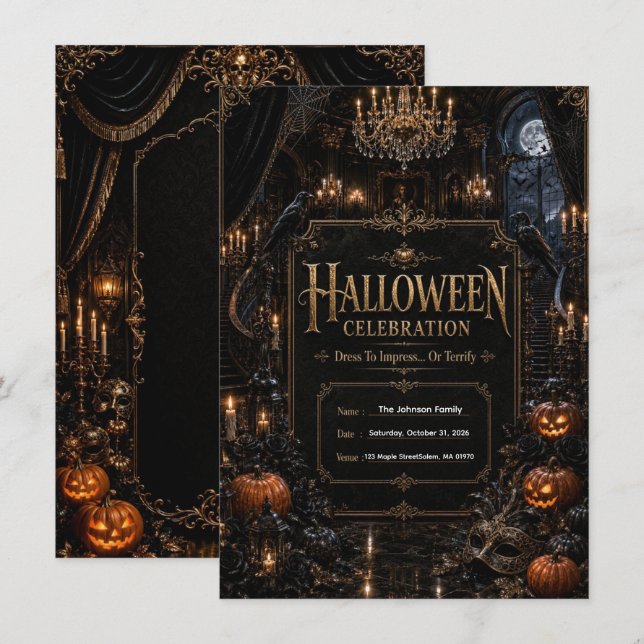 Convite de festa de Halloween gótico de luxuoso ed (Frente/Verso)