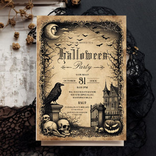 Convite de festa de Halloween gótico vintage com c