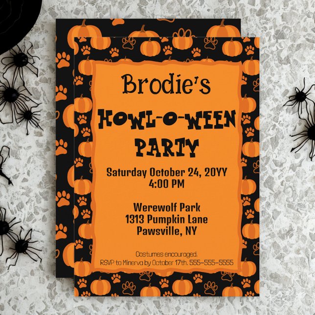 Convite de Festa de Halloween Howl-O-Ween para Cac (Plan a Howl-O-Ween party for your pup with this cute pumpkins and paws dog Halloween party invite)