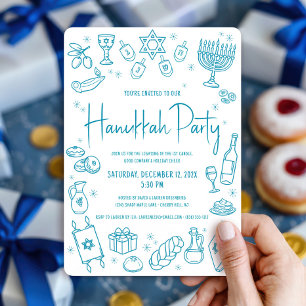Convite de Festa de Hanukkah Desenhos à Mão em Azu