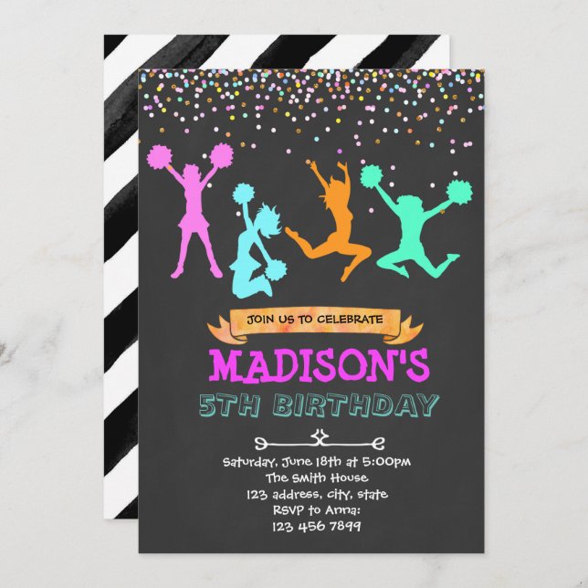 convite de festa de líder de torcida glitter (Frente/Verso)