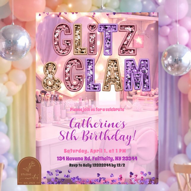 Convite de festa de maquiagem Pink Purple Glitz e  (Criador carregado)