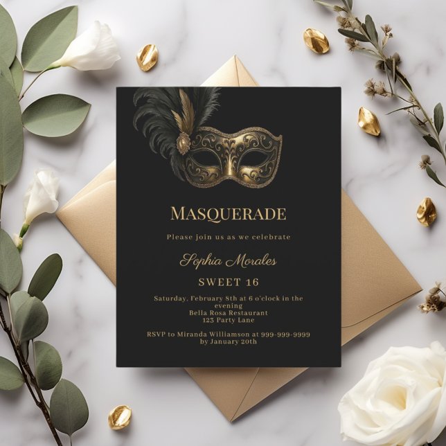 Convite de festa de Mascarada de ouro preto Sweet  (Criador carregado)