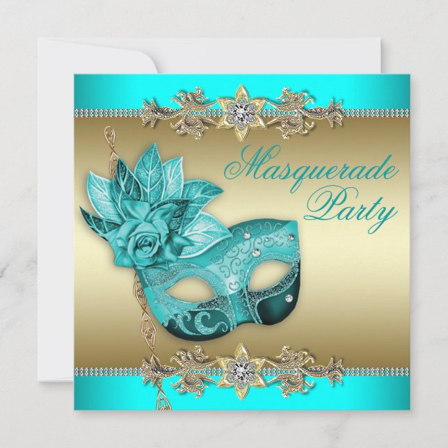 Convite de festa de máscaras azul turquesa elegant (Frente)