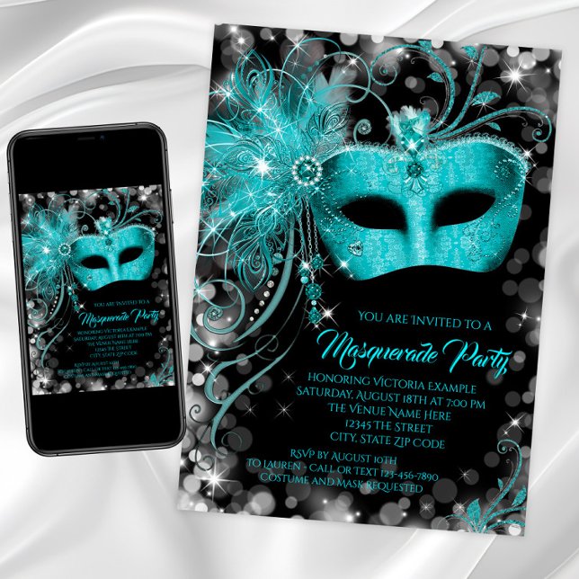 Convite de Festa de Máscaras Brilhante Azul Turque (Teal masquerade party invitations with jewel mask. Any number birthday masquerade or event.)
