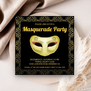 Convite de festa de máscaras em preto e dourado el