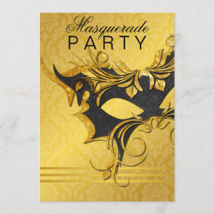 Convite de Festa de Máscaras Preto e Dourado Elega