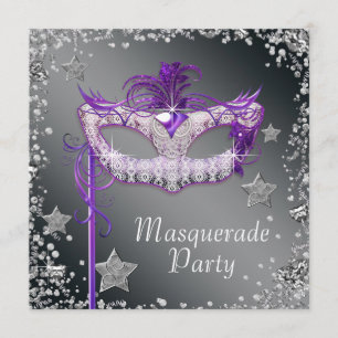 Convite de festa de máscaras roxo com confetes pra