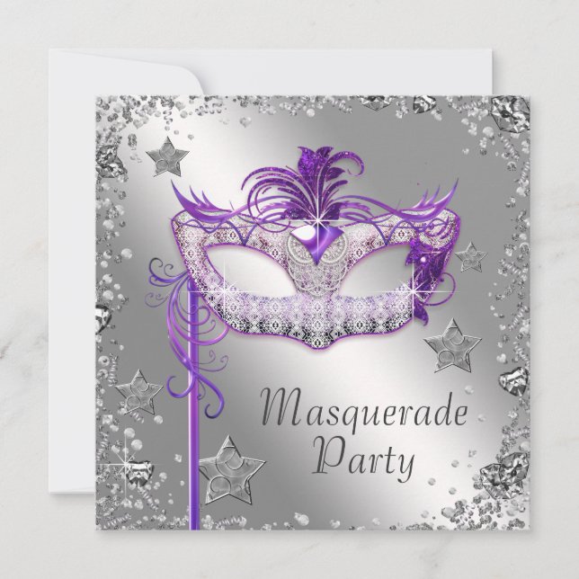 Convite de festa de máscaras roxo com confetes pra (Frente)