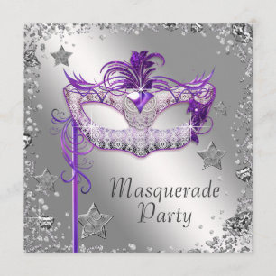 Convite de festa de máscaras roxo com confetes pra
