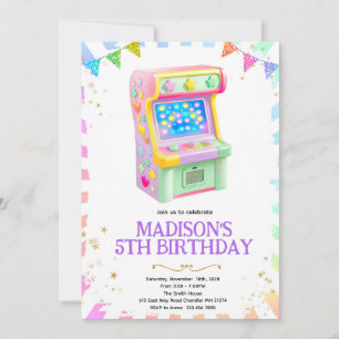 convite de festa de menina de jogo de arcade