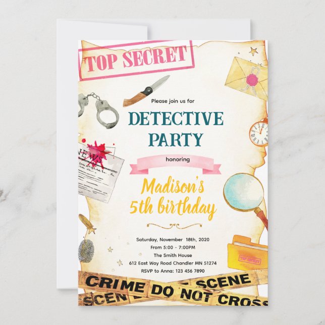 convite de festa de menina detetive (Frente)