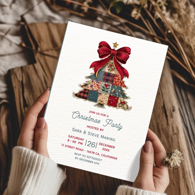 convite de festa de natal árvore de patchwork chic (Criador carregado)