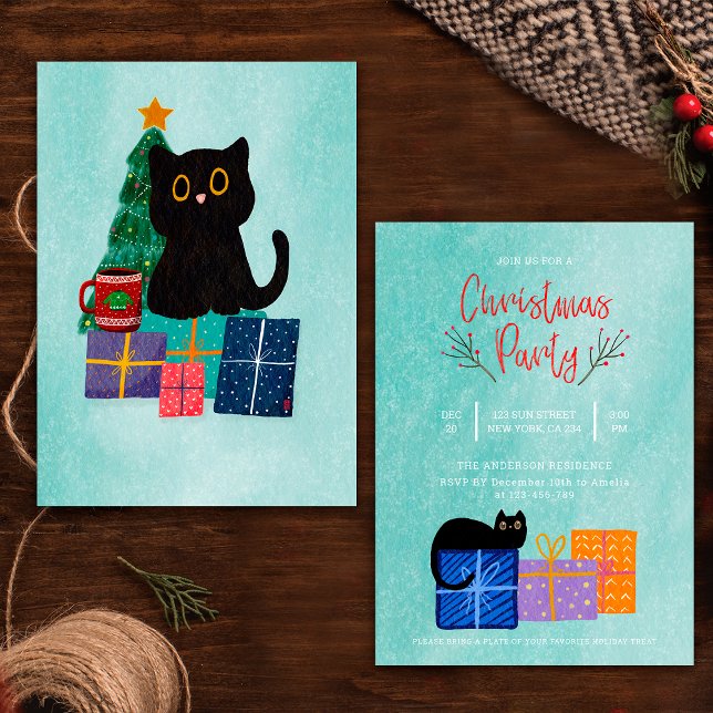Convite de festa de Natal azul para café com gato  (Criador carregado)