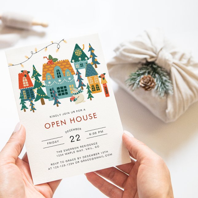 Convite de Festa de Natal Casa Aberta de Fim de An (Cute Retro Holiday Houses Open House Christmas Invitation by Painted Paperie)