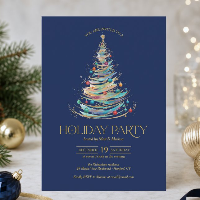 Convite de Festa de Natal com Árvore de Natal Eleg (chic elegant blue and gold christmas party invitation with colorful tree and beautiful typography)