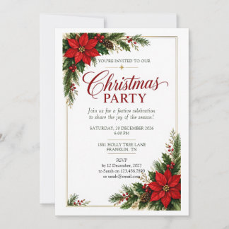 Convite de Festa de Natal com Azevinho e Poinsetti