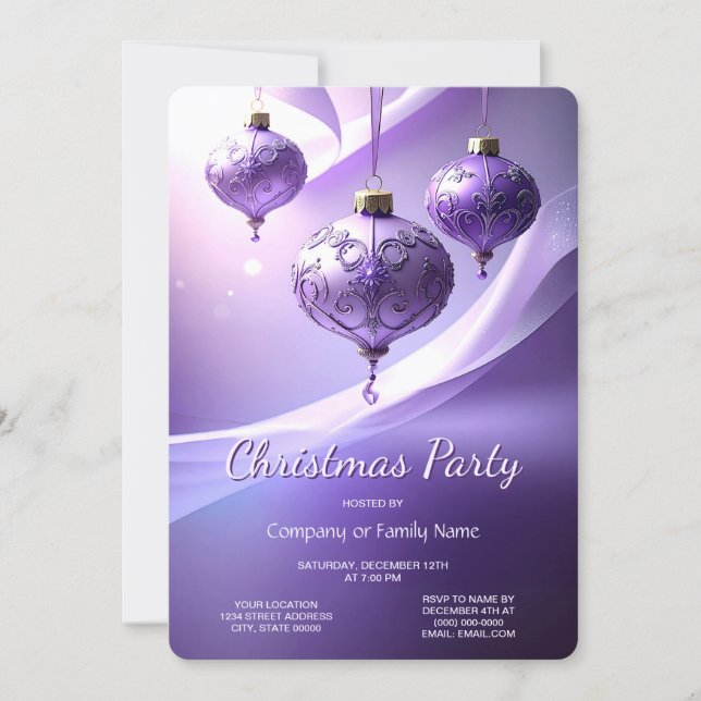 Convite de Festa de Natal com Bola de Natal Roxa (Frente)