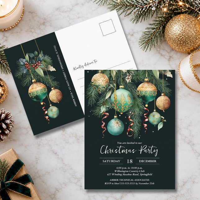 Convite de Festa de Natal com Bolas Douradas na Ár (Gold and green Christmas tree ornaments party invitation postcards)