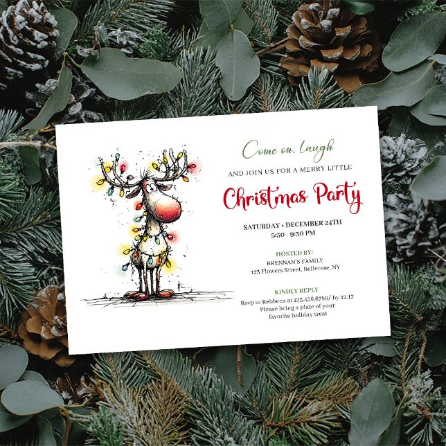 Convite de festa de Natal com cervo estranho (Holiday quirky reindeer Christmas party invite

)