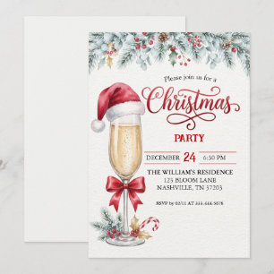 Convite de festa de Natal com champanhe e chapéu d