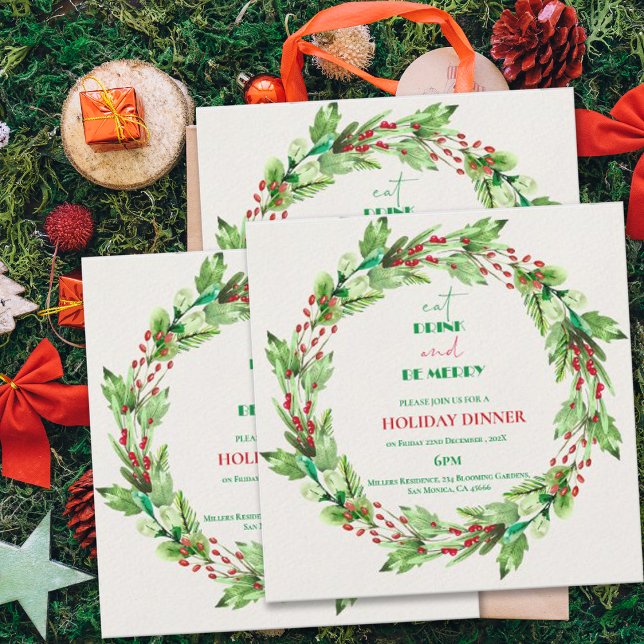 Convite de Festa de Natal com Coroa de Folhas Verd (Green Leaves Wreath Christmas Party Invitation)