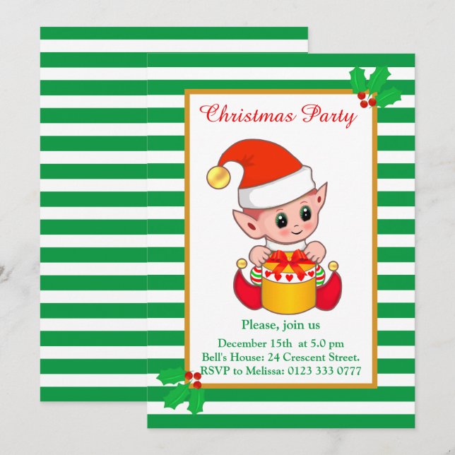 Convite de festa de Natal com elfo de Natal fofo e (Frente/Verso)