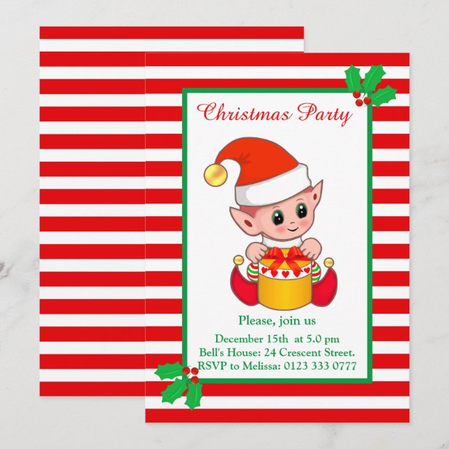 Convite de festa de Natal com elfo de Natal fofo e (Frente/Verso)