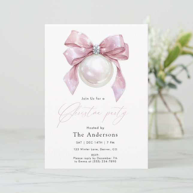 Convite de Festa de Natal com Enfeite Rosa Elegant (Em pé/Frente)