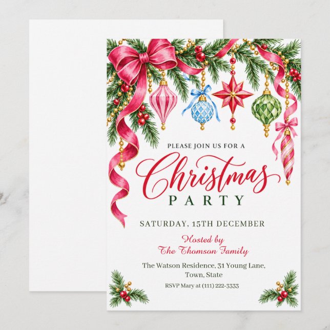 Convite de Festa de Natal com Enfeites Coloridos e (Frente/Verso)