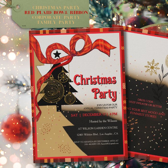 Convite de Festa de Natal com Fita Xadrez Vermelha (Elegant Red Plaid Ribbon Christmas Party Invitation)
