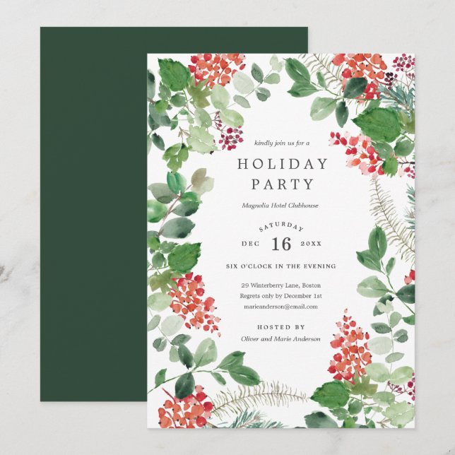 Convite de festa de Natal com flores de feriado (Frente/Verso)