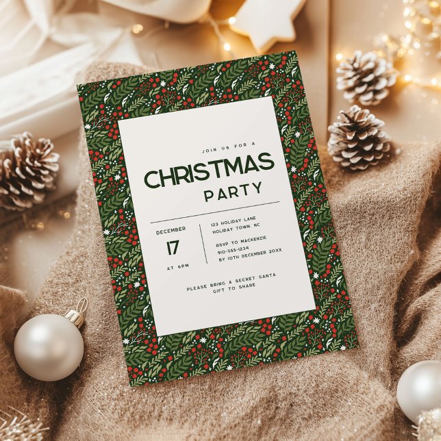 Convite de Festa de Natal com Folha de Azevinho Mo (Holly Leaf Christmas party invitation)