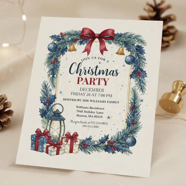 Convite de festa de Natal com grinalda rústica azu (Christmas Party Invitation)