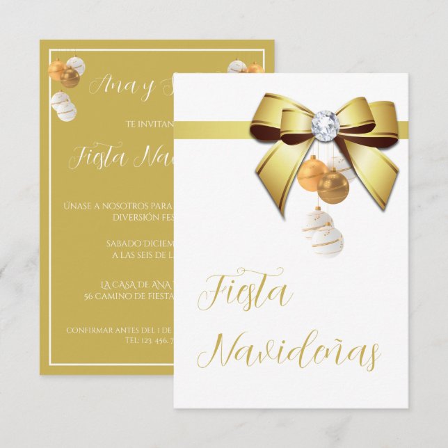 Convite de Festa de Natal com Laço e Joia (Frente/Verso)