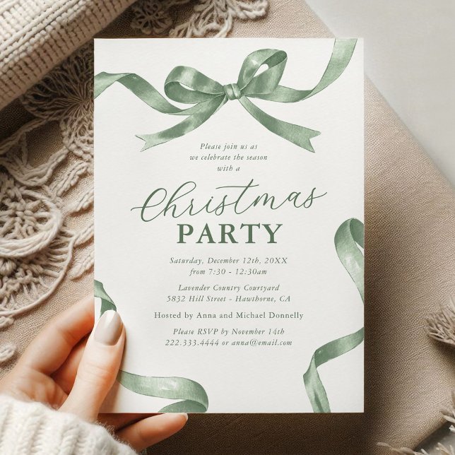 Convite de Festa de Natal com Laço Verde Elegante (Criador carregado)